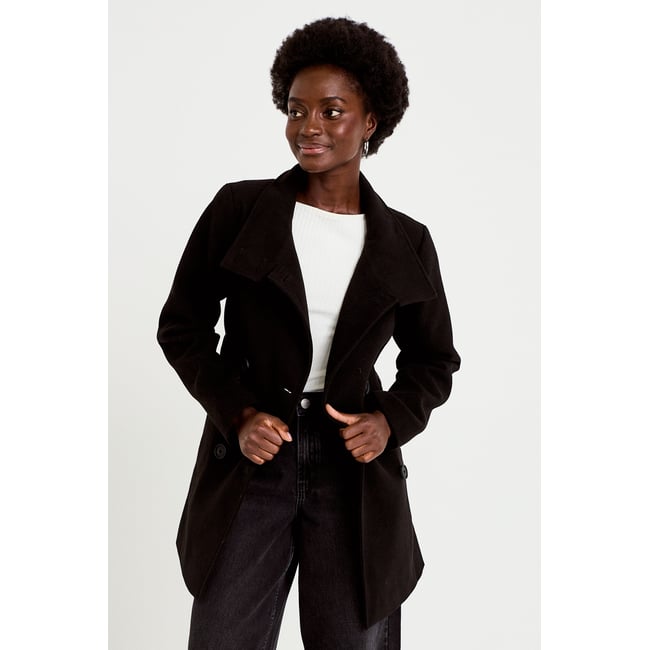Manteau cintré mi-long col montant noir <span itemprop=
