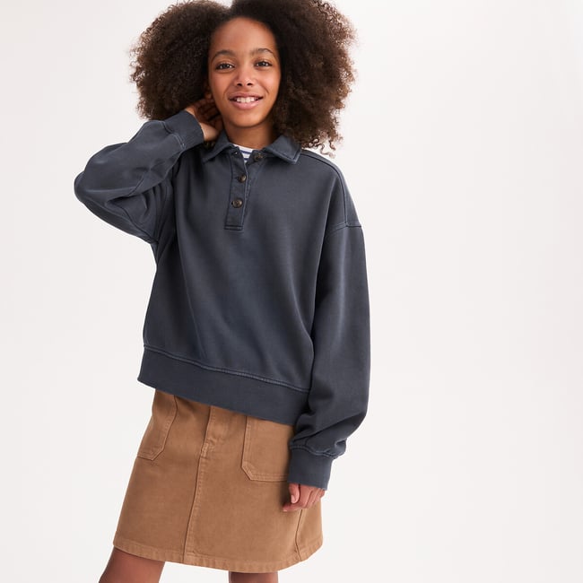 Sweat col polo en molleton léger  bleu marine <span itemprop=