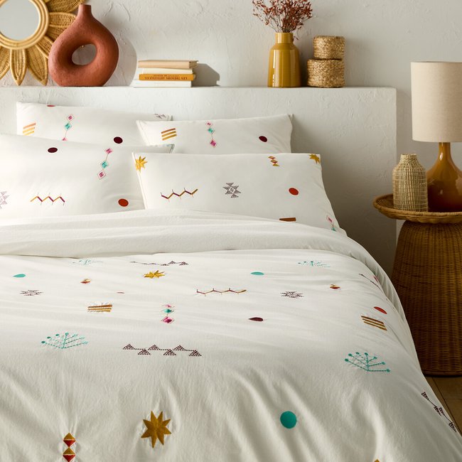 Housse de couette brodée coton vintage, Imani blanc cassé <span itemprop=