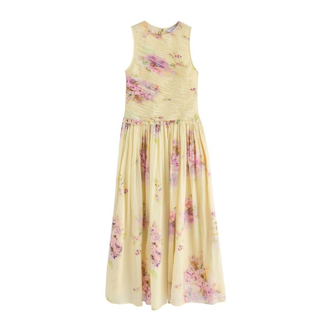 Robe de cérémonie longue smockée sans manches imprimé floral jaune/rose <span itemprop=