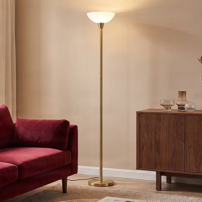 Lampadaire en métal moderne, Ignacia Couleur laiton mat, blanc <span itemprop=