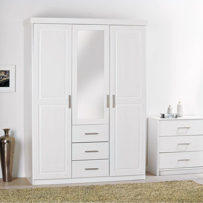 Armoire 3 portes 3 tiroirs avec miroir Couleur blanc <span itemprop=