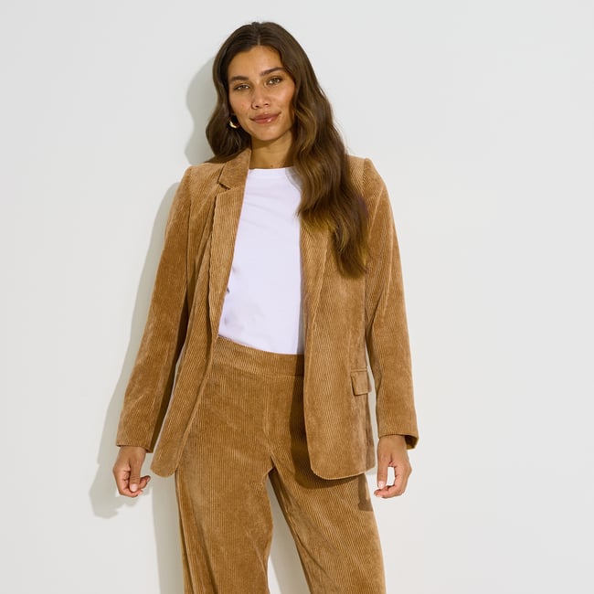 Veste blazer en velours côtelé marron camel <span itemprop=