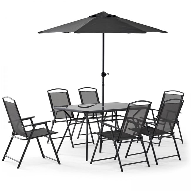 Salon de jardin table et 6 chaises avec parasol, BORMES gris anthracite <span itemprop=
