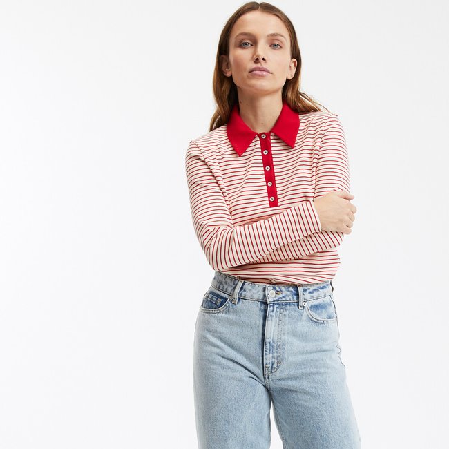 Camiseta de manga larga y cuello polo a rayas rojo <span itemprop=