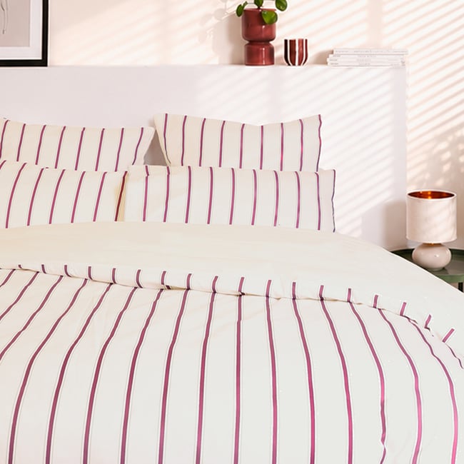 Parure de lit imprimée en percale de coton bio, taies rectangles, LA RAYURE BICOLORE violet <span itemprop=