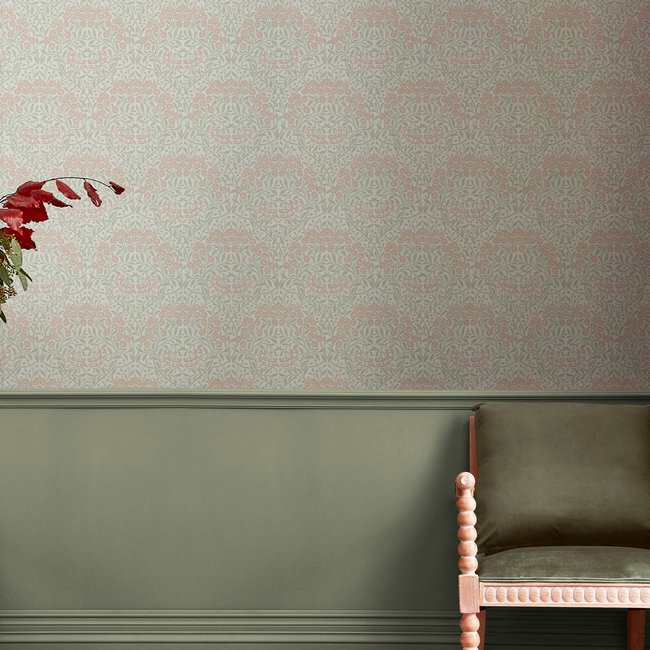 Papier peint fleuri Michaelmas Daisy Peony & Sage Couleur vert clair, corail <span itemprop=