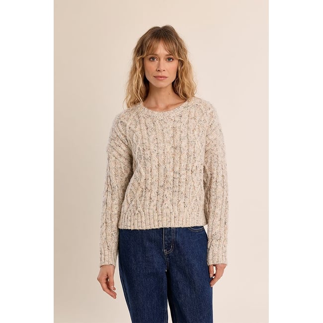 Pullover, runder Ausschnitt, Zopfmuster ecru <span itemprop=
