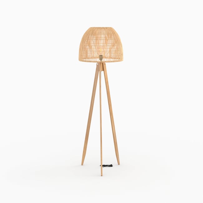 Lampadaire trépied en rotin de teck massif - CORTE Couleur beige <span itemprop=