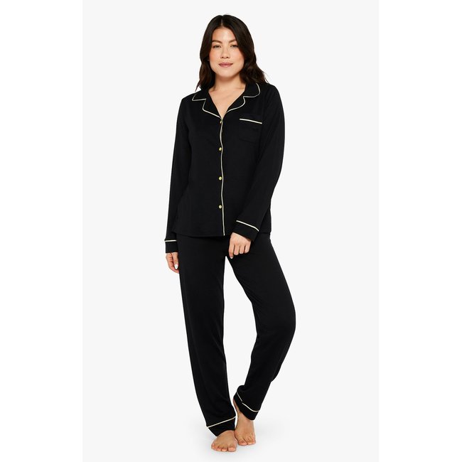 Pyjama boutonné en lyocell et coton, uni noir <span itemprop=