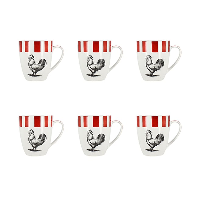 Lot de 6 mugs 35cl en porcelaine, COCORICO Couleur blanc-rouge <span itemprop=