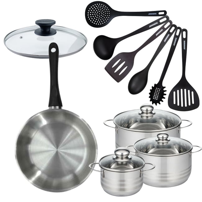 Batterie de cuisine 1 poêle 28cm + 3 faitouts 16/20/24cm GENEVA inox|noir <span itemprop=
