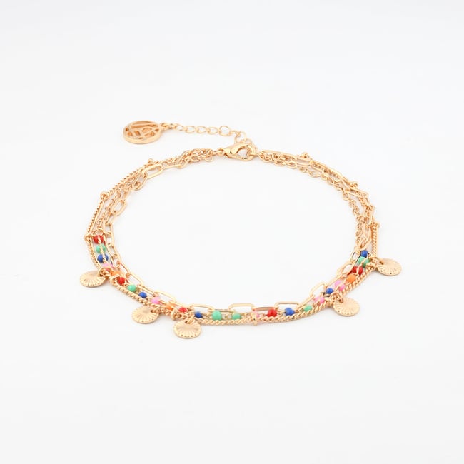 Chaine de cheville perles de rocaille multicolore et pampilles doré <span itemprop=