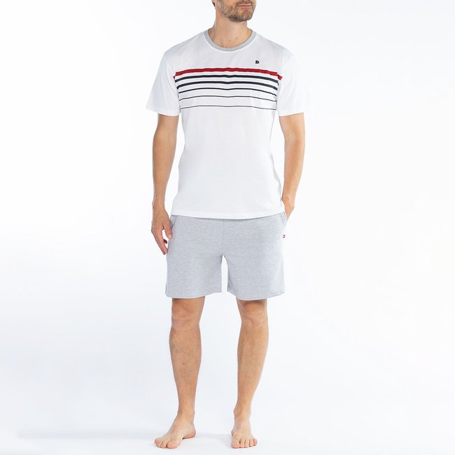 Pijama corto de cuello redondo blanco + gris jaspeado <span itemprop=