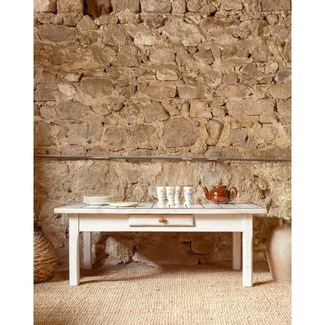 Table basse en bois et céramique Donna N°1571 - Bon état Couleur blanc <span itemprop=