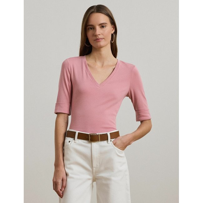 V-Neck T-Shirt with 3/4 Length Sleeves, pink, LAUREN RALPH LAUREN