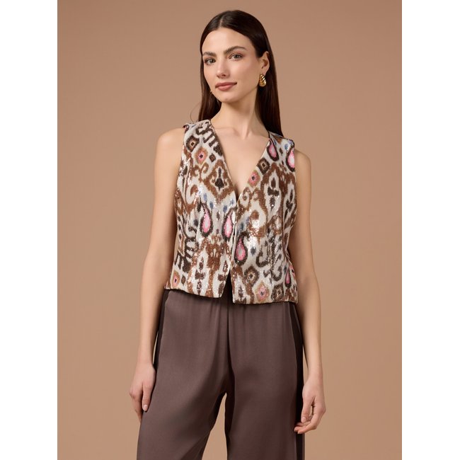 Gilet en tissu fantaisie avec finition entièrement pailletée beige <span itemprop=