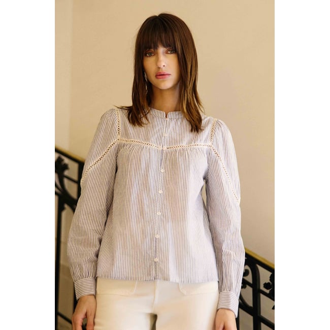 Blouse manches longues col mao imprimé à rayures BAYEN 20-ecru/bleu <span itemprop=