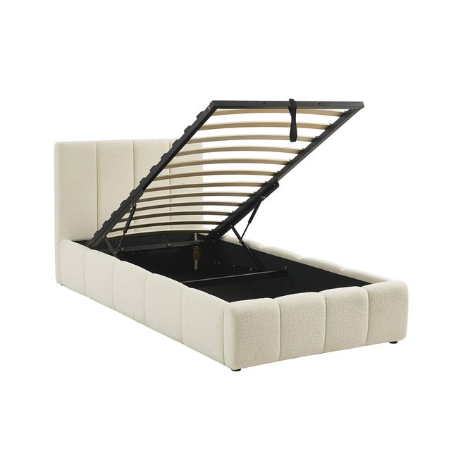Lit coffre avec sommier à lattes et tête de lit finition bouclette texturée LEX Couleur blanc <span itemprop=