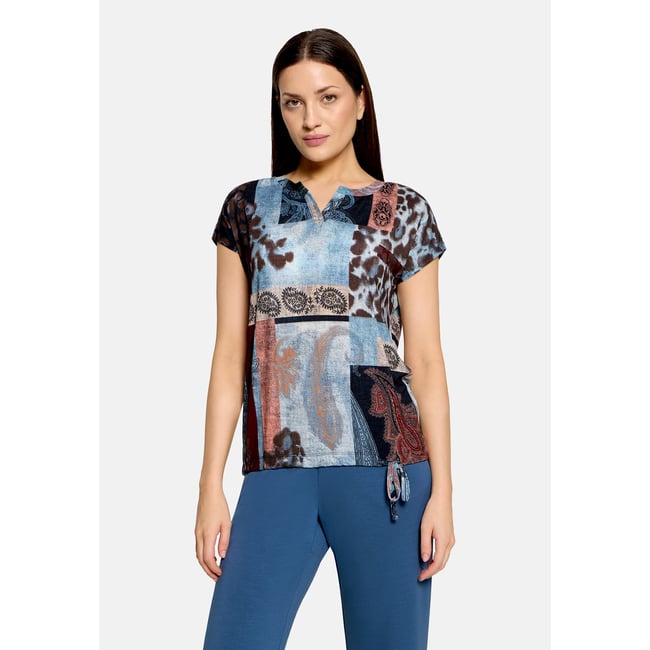 T-shirt façon blouse à cordon coulissant sous tunnel bleu/rouge <span itemprop=