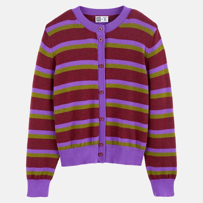 Cardigan rayé, en laine mérinos rayé multicolore <span itemprop=