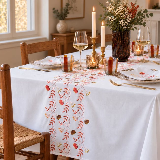 Nappe Floressa - Coton lavé brodé blanc <span itemprop=