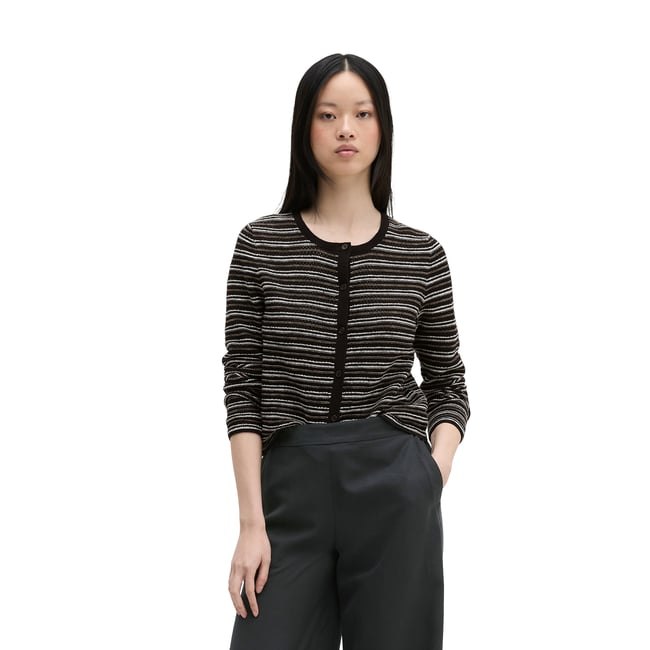 Cardigan ajouré rayé regular en coton et lin mélangés noir <span itemprop=