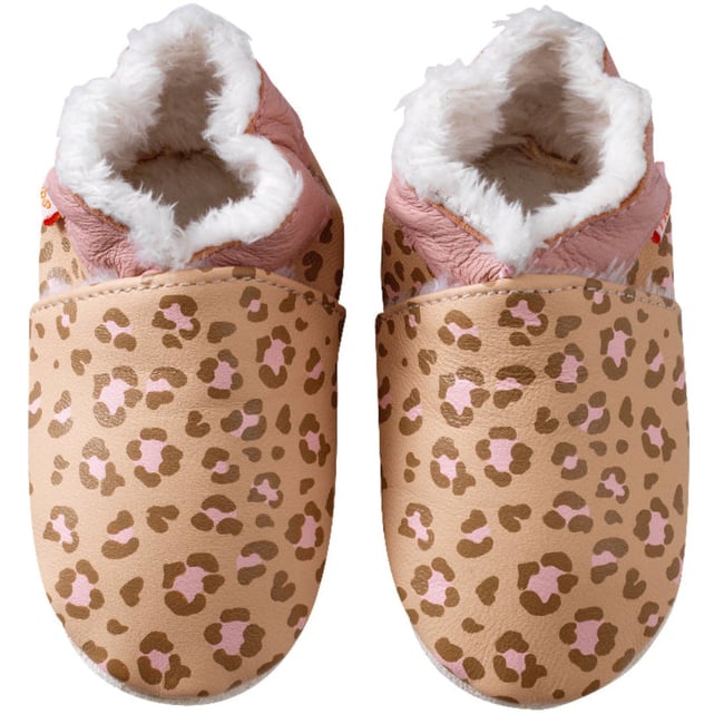 Chaussons bébé cuir souple léopard rose <span itemprop=