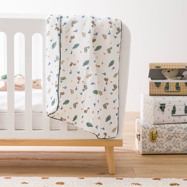 Couverture bébé gaze de coton, Dino Pop imprimé fond blanc <span itemprop=