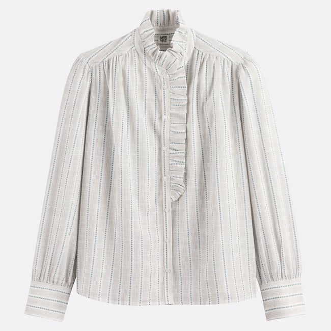Chemise rayée col victorien, Signature CHARLENE  rayé bleu clair/blanc <span itemprop=