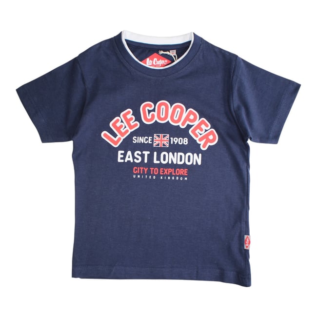 T-shirt manches courtes imprimé, coupe droite et col rond bleu marine <span itemprop=