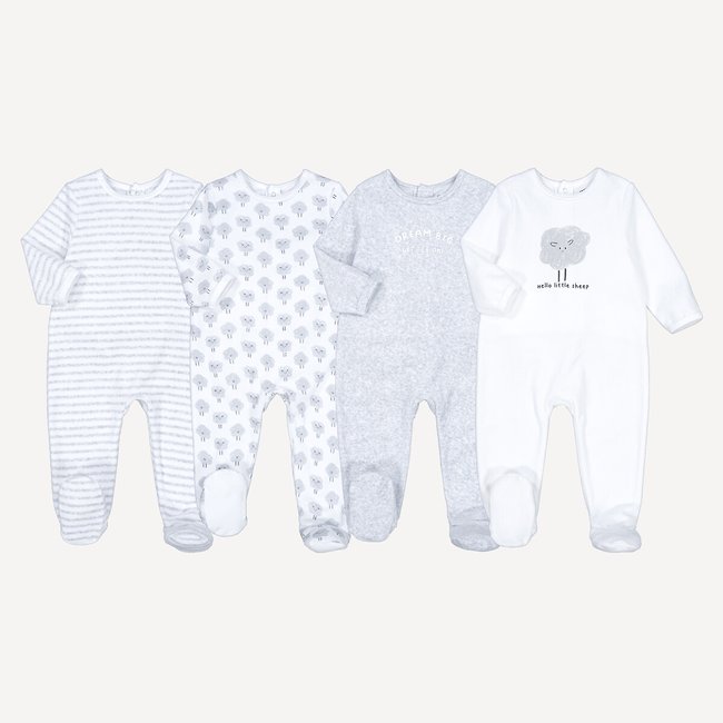 Pack of 4 Sleepsuits in Velour with Clouds/Striped Print assorted LA REDOUTE COLLECTIONS