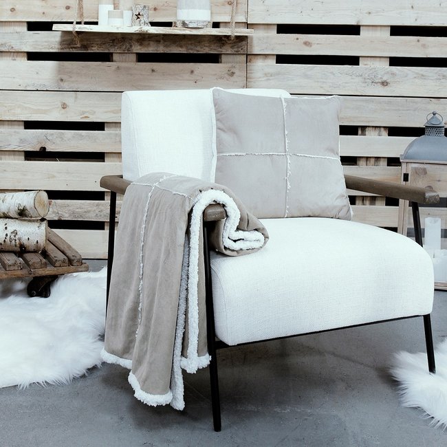 Ensemble plaid et coussin assorti uni WINTER SPIRIT SOFT COSY beige <span itemprop=