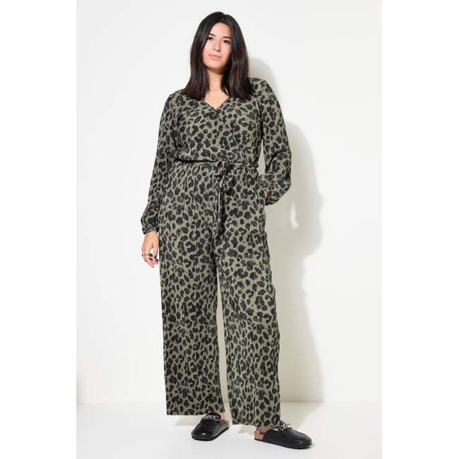 Ensemble plissé, imprimé léopard, jambe large palmiers verts <span itemprop=
