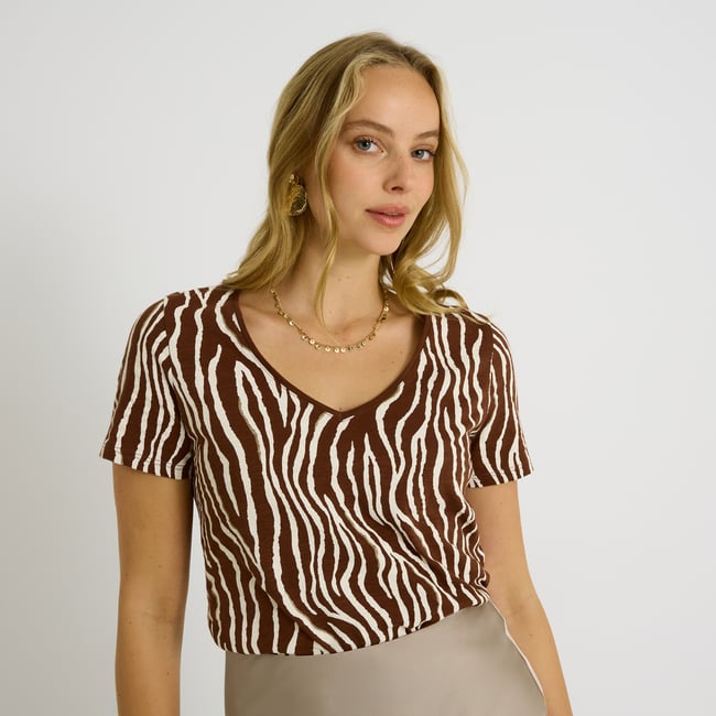 T-shirt col V imprimé marron chocolat <span itemprop=