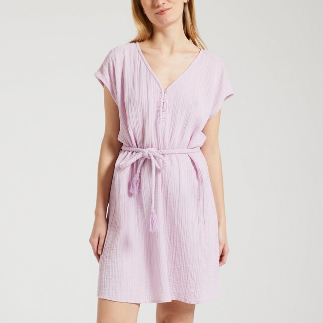Robe courte en gaze de coton avec ceinture ROSALY rose clair <span itemprop=