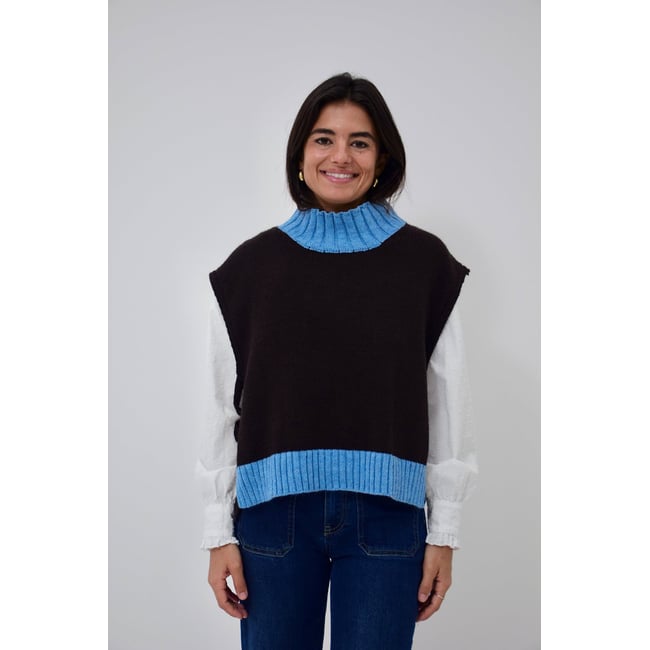 Pull sans manches liens latéraux BRUNA marron / bleu <span itemprop=