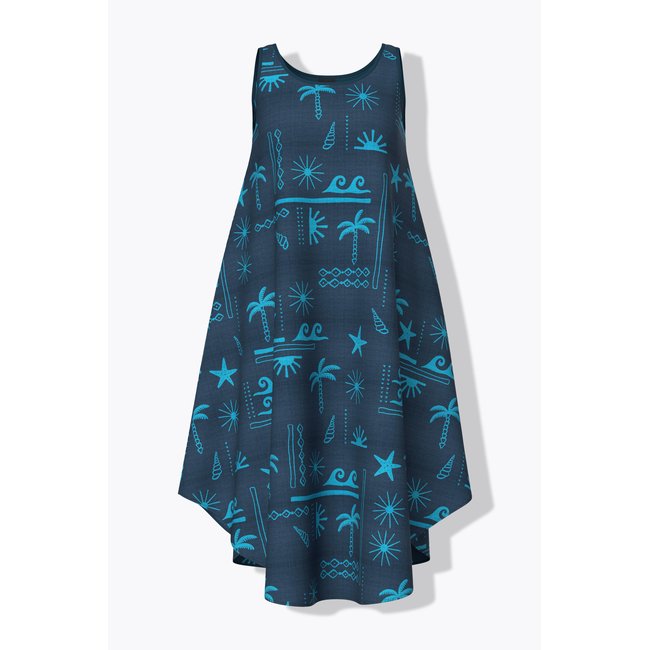 Robe midi sans manches, motif estival bleu foncé <span itemprop=