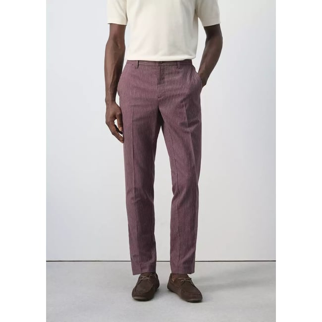 Pantalon lin et coton slim-fit à rayures prune <span itemprop=