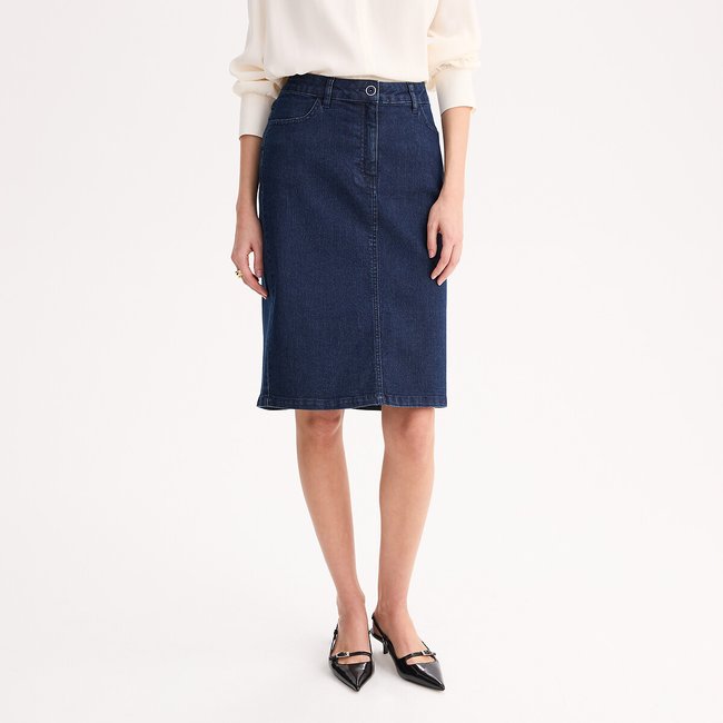 Jupe droite en denim stretch, mi-longue bleu brut <span itemprop=