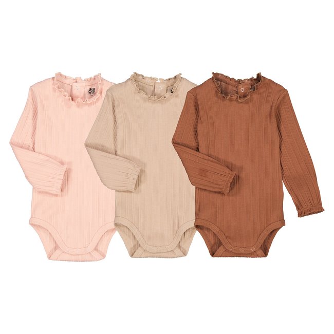 Pack of 3 Bodysuits in Cotton with Long Sleeves and Ruffle Collar brown/pink LA REDOUTE COLLECTIONS