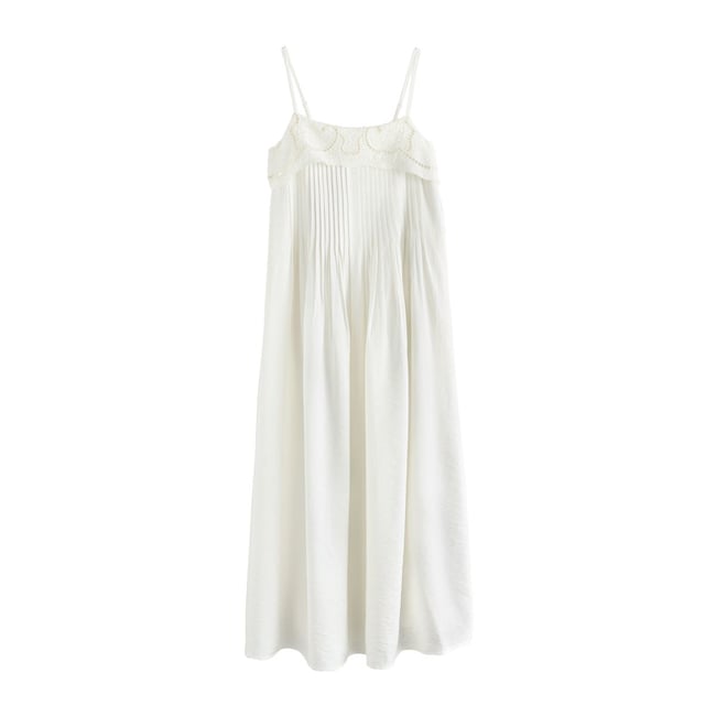 Robe d'été midi à petits plis et col rabattu blanc <span itemprop=