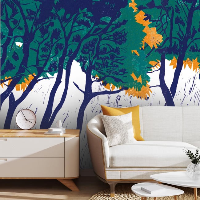 Papier peint panoramique avec forêt de pins colorés - 340x260 cm (l x h) Couleur multicolore <span itemprop=