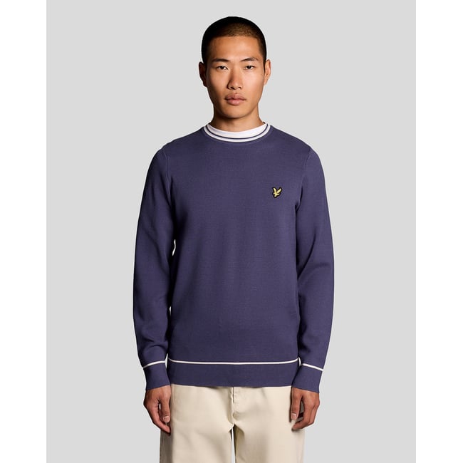 Pull à liserés contrastés en maille col rond bleu intense marine <span itemprop=