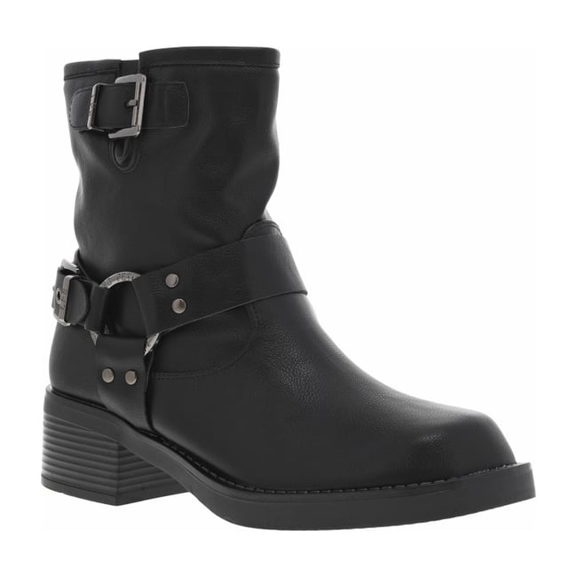 Boots noires à talon décroché bas et à boucle à ardillon avec brides noires <span itemprop=