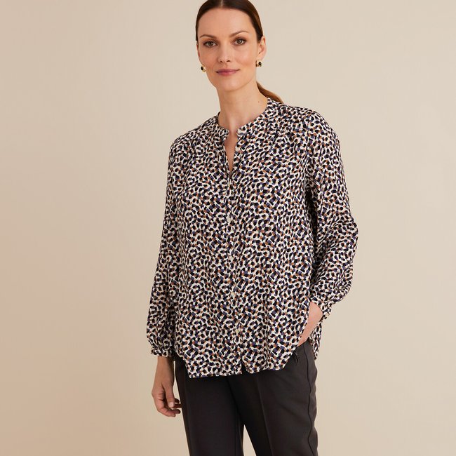 Blusa com estampado gráfico, mangas compridas estampado fundo marfim <span itemprop=