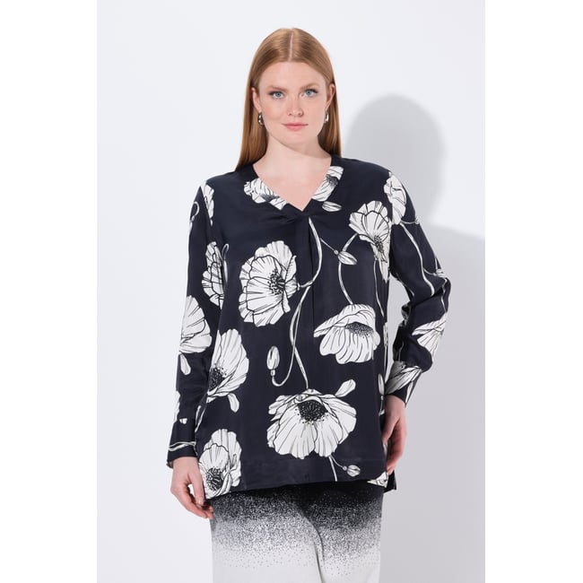 Tunique en satin à motif floral noir <span itemprop=