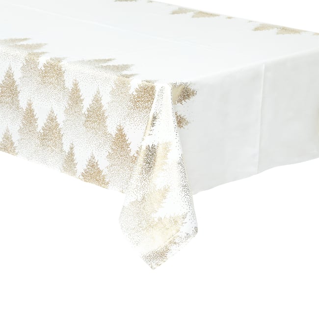 Nappe de Noël rectangulaire imprimée sapins Couleur blanc <span itemprop=