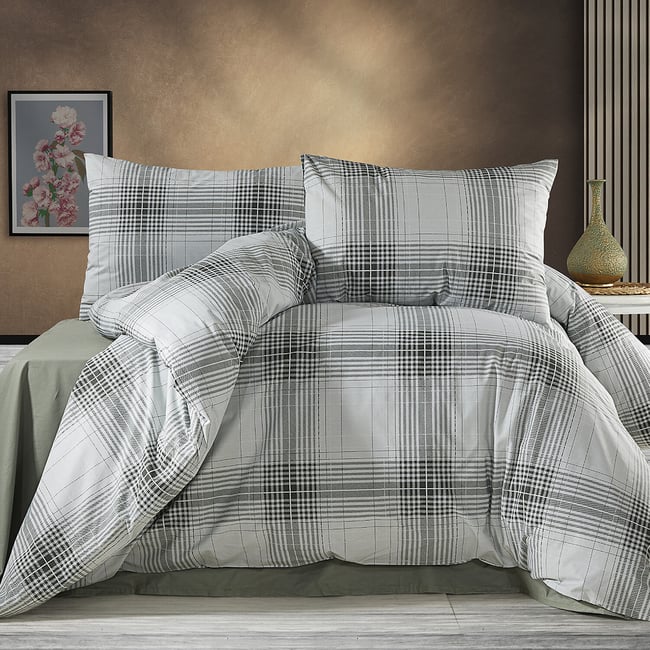 Paure de couette et tai(e) coton imprimé, nimakaki vert kaki <span itemprop=