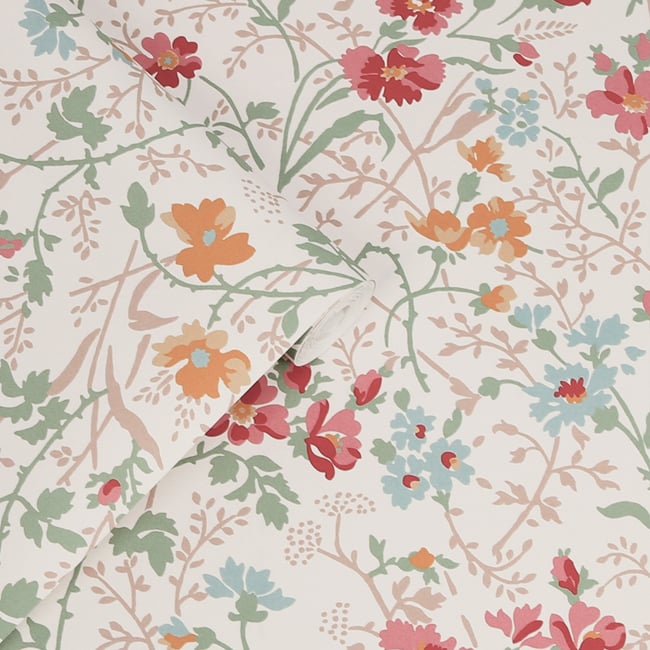 Papier peint fleurs délicates Shropshire Couleur rouge, jaune ocré, vert <span itemprop=